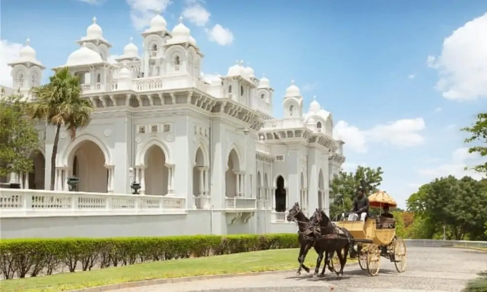 Horse-drawn carriage outside Taj Falaknuma Palace, Hyderabad