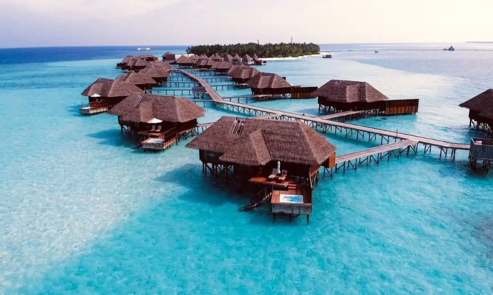 Overwater villas at a resort in the Maldives