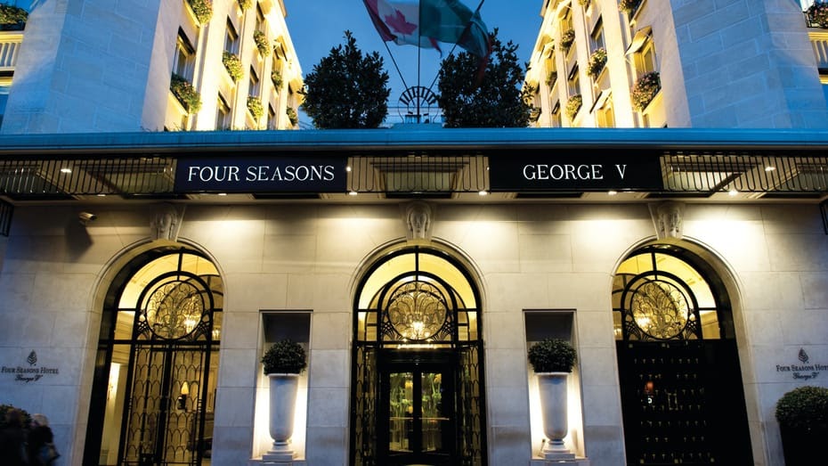 Four Seasons Hotel George V, Paris, entrance on avenue George-V at dusk
