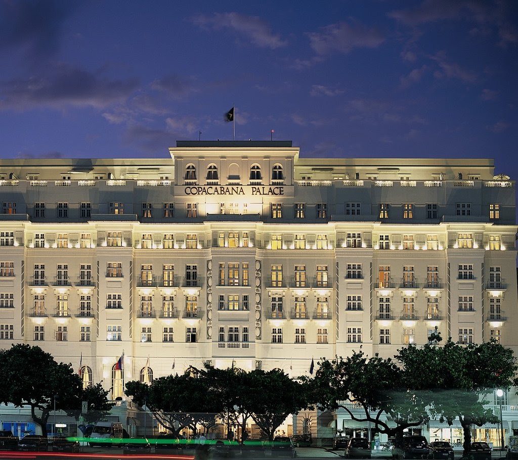 Copacabana Palace façade on Avenida Atlântica at dusk
