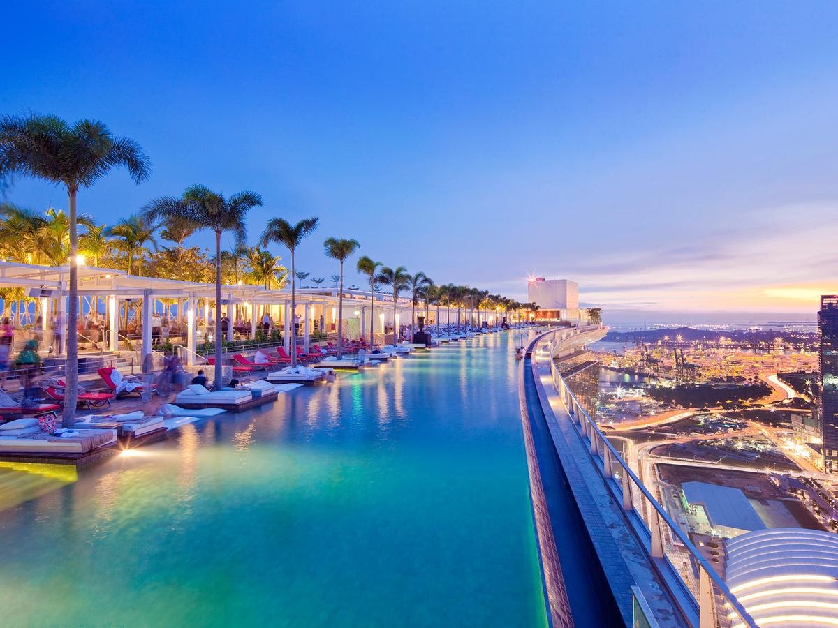 The SkyPark Infinity Pool at Marina Bay Sands overlooking the Singapore skyline