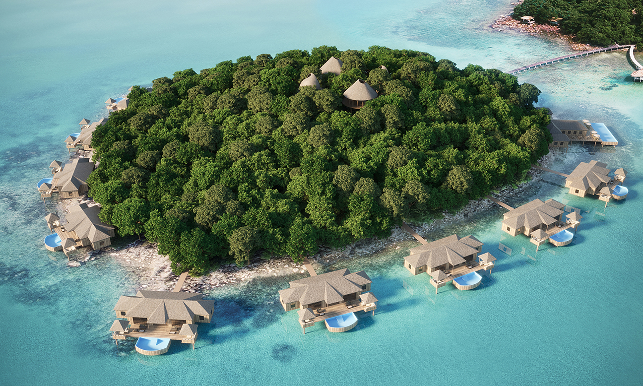 Rendering of Song Saa Private Island with overwater villas and pools around the island