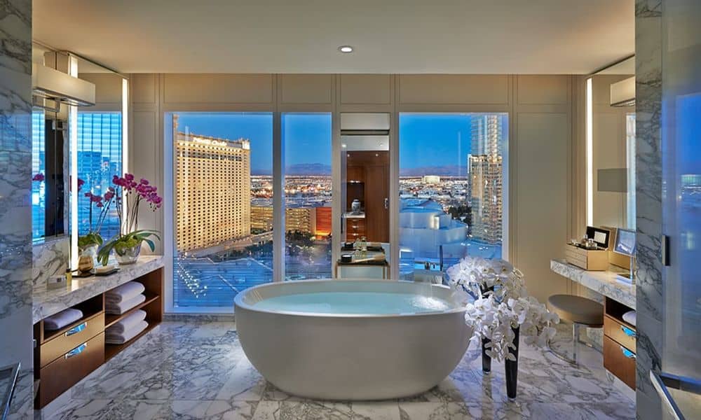 Waldorf Astoria Las Vegas bathroom with freestanding tub and Strip view