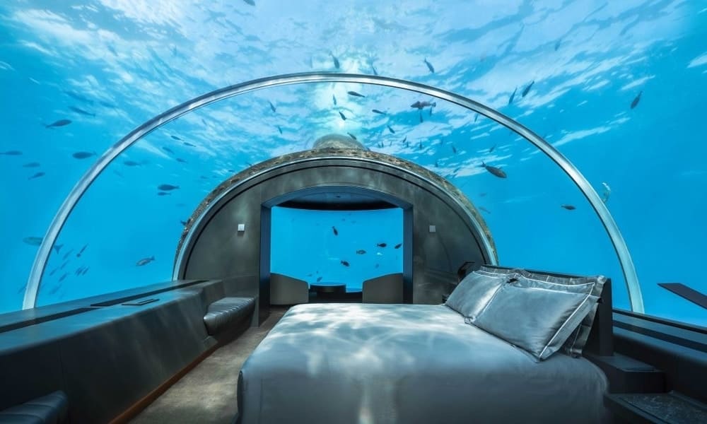 The Muraka's underwater master bedroom under a curved acrylic dome, Conrad Maldives Rangali Island